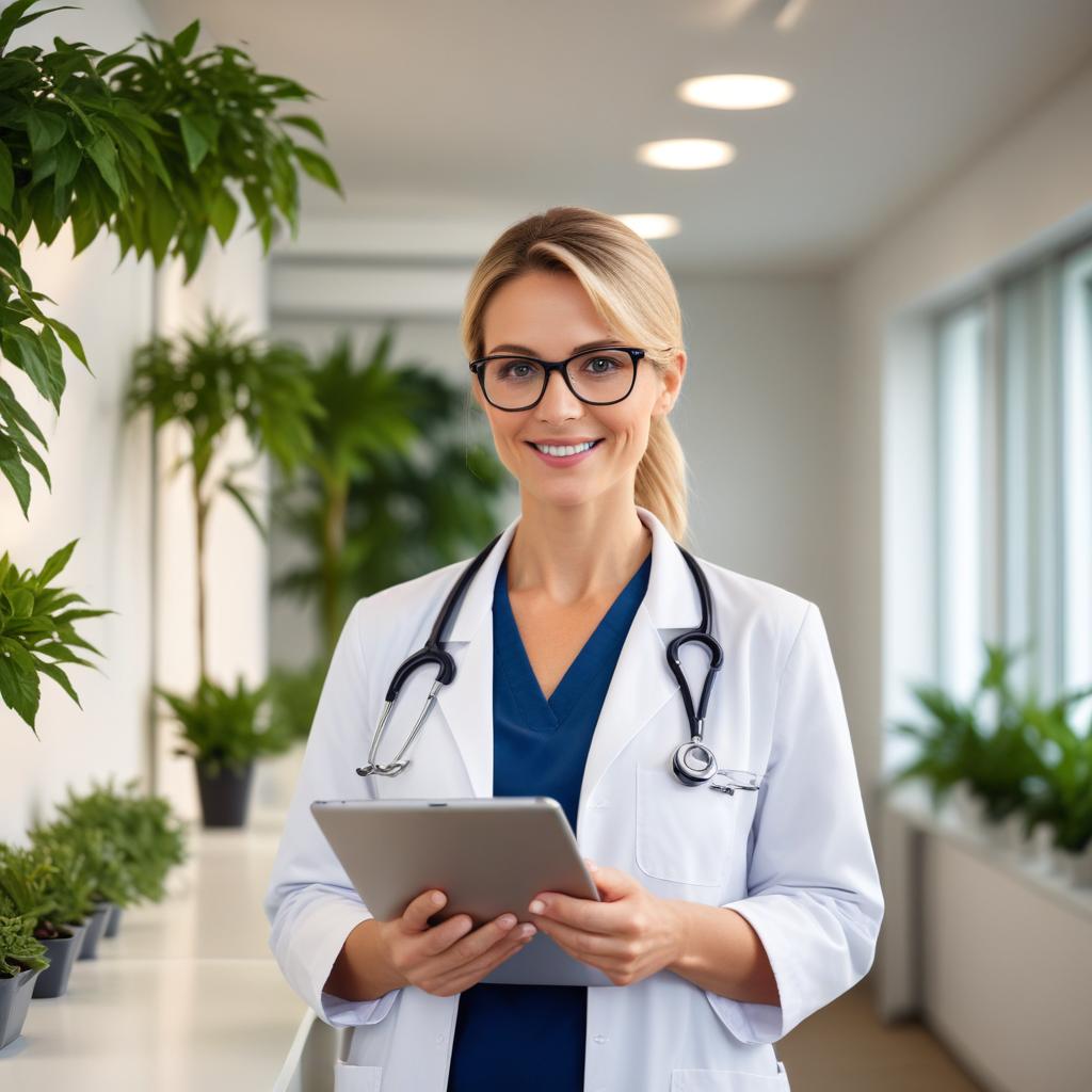 Ärztin nutzt Tablet für KI-gestützte Praxisverwaltung